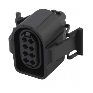 A black plastic electrical connector with a multi-pin female port and a side mounting tab, shown on a plain white background.